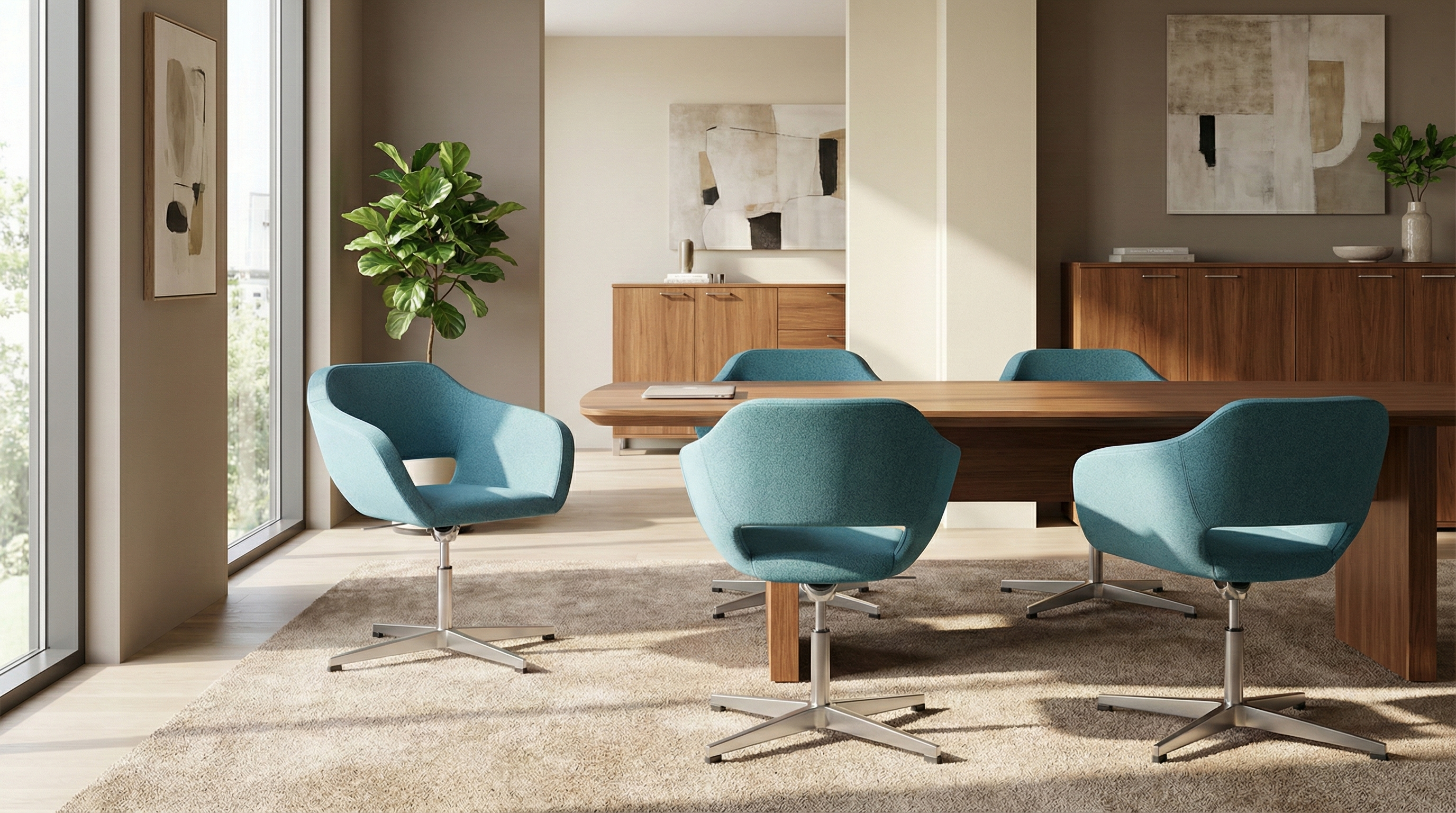 Ambient birou modern cu scaune tip scoică Belen