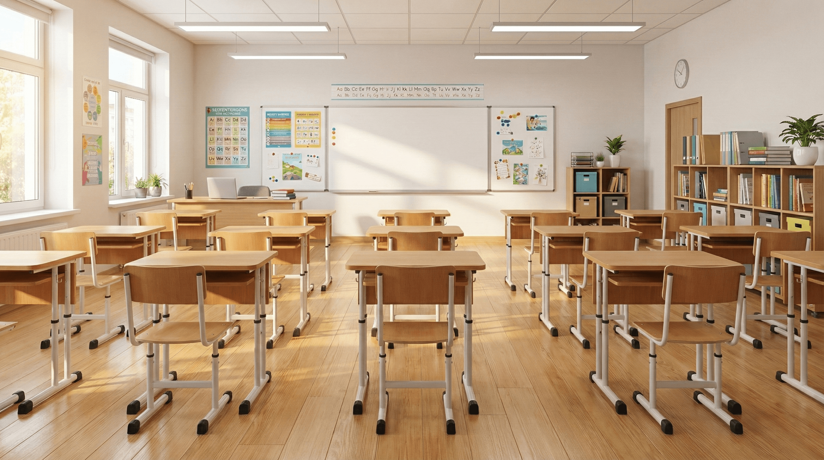 Sală de clasă modernă cu pupitre școlare reglabile