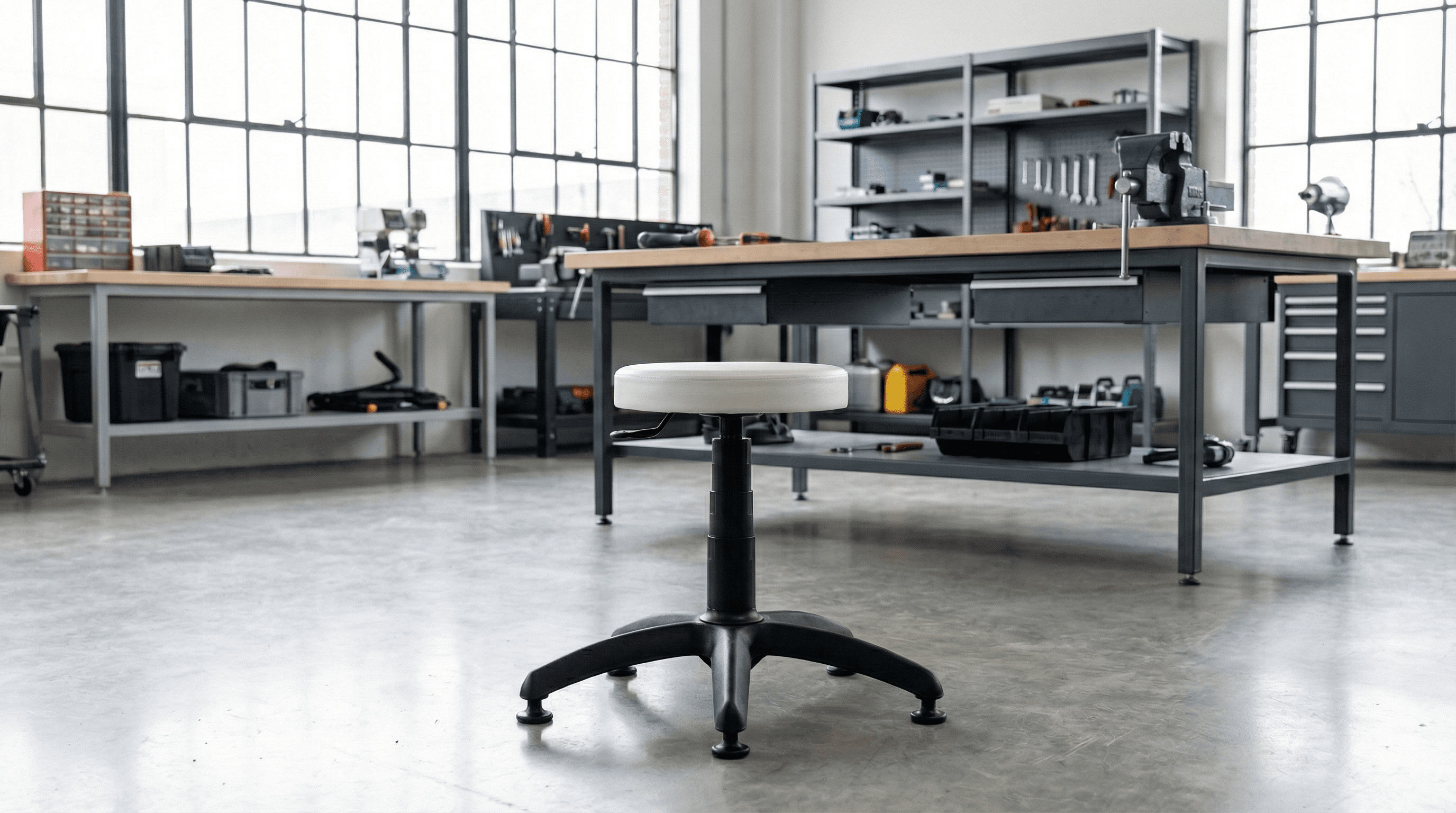 Taburet alb în context atelier