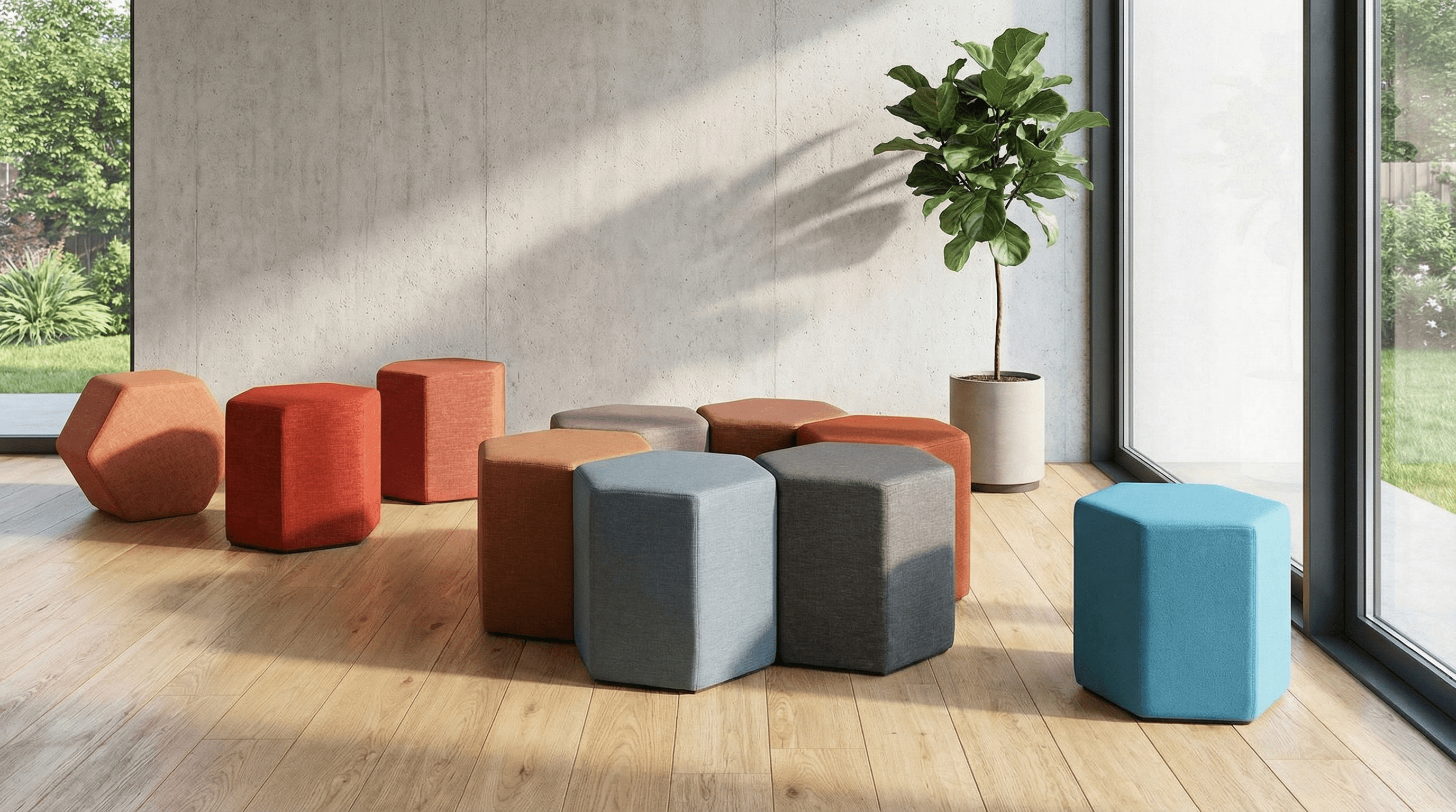 Taburet Hexa modular în spațiu modern