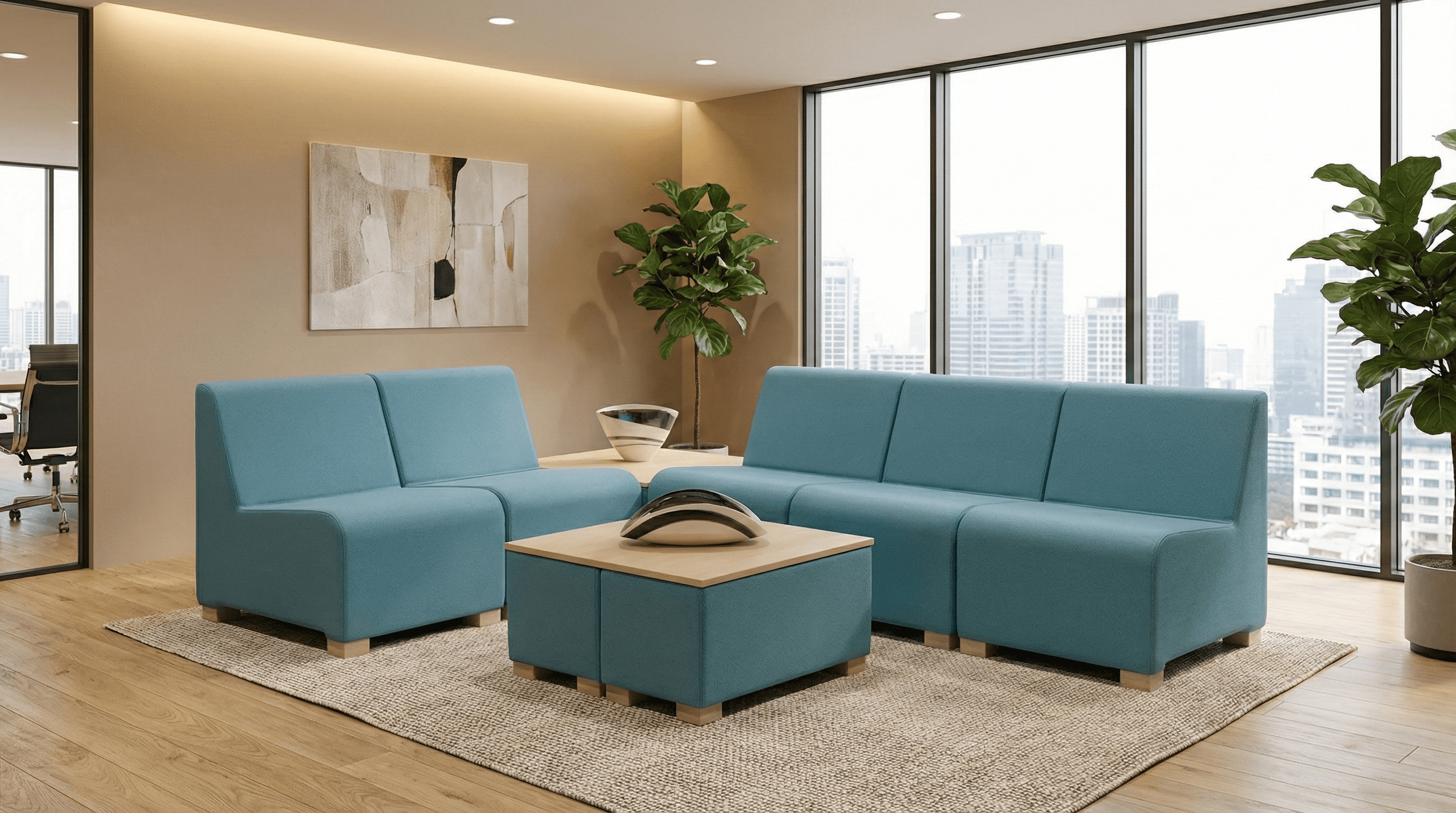 Zonă de așteptare modernă cu module Trio albastre