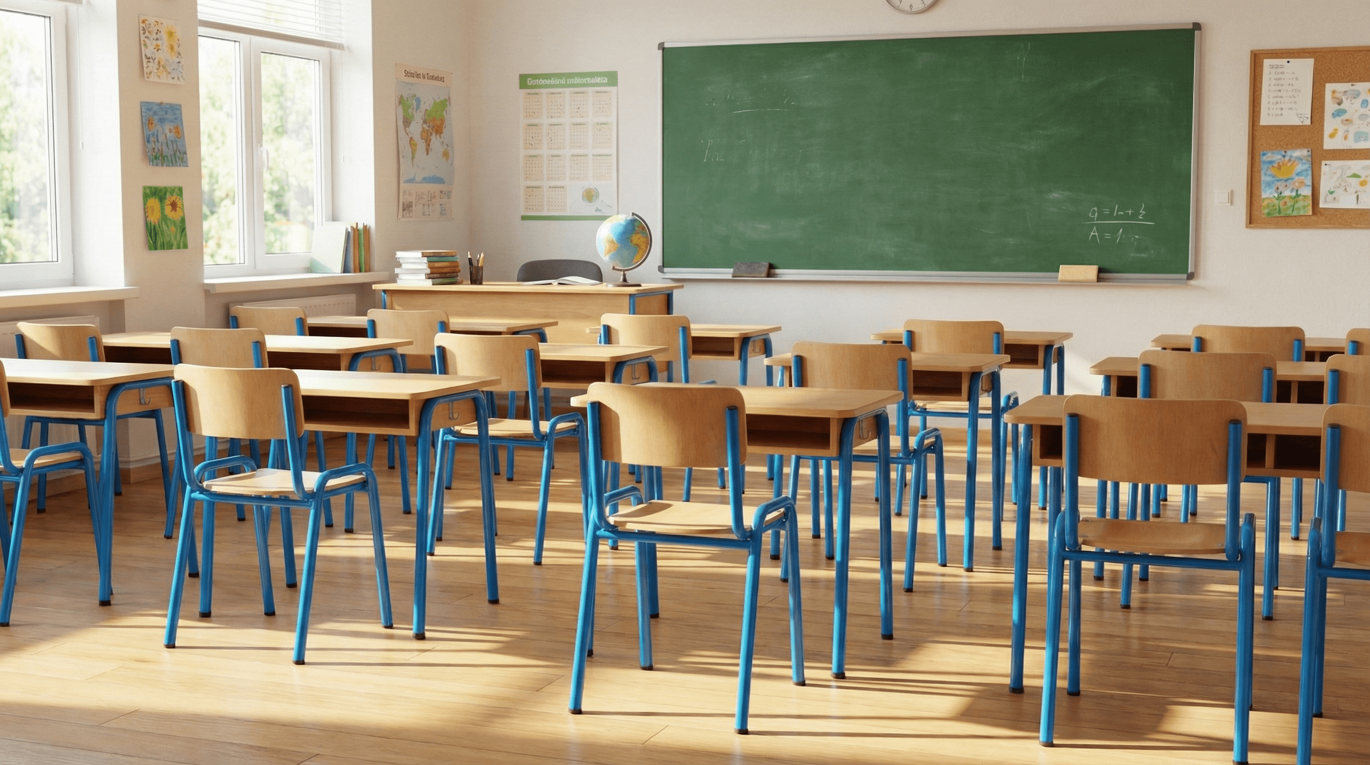 Sală de clasă modernă mobilată cu scaune pentru elevi