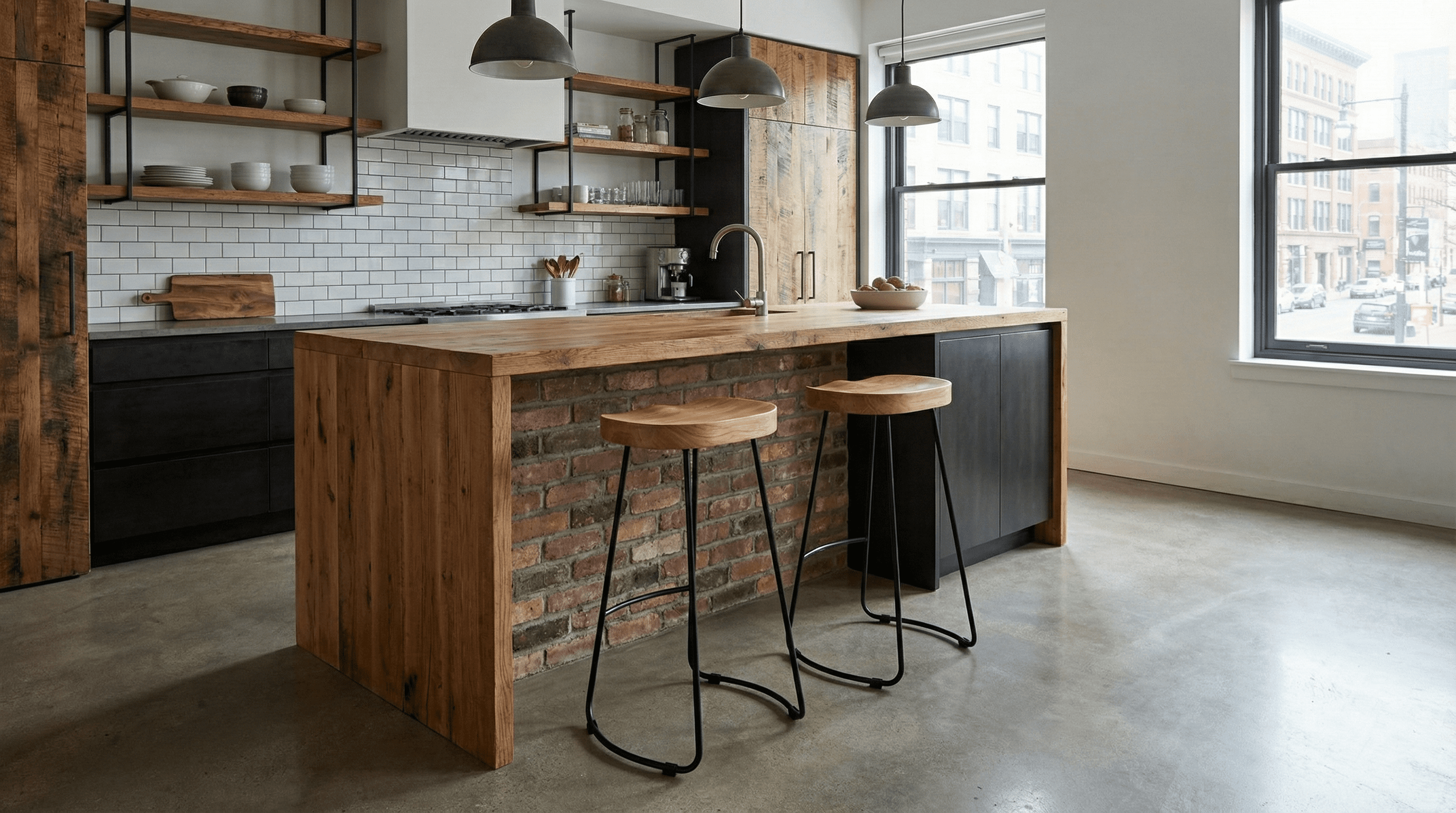 Scaun de bar Marta Wood în ambient industrial modern