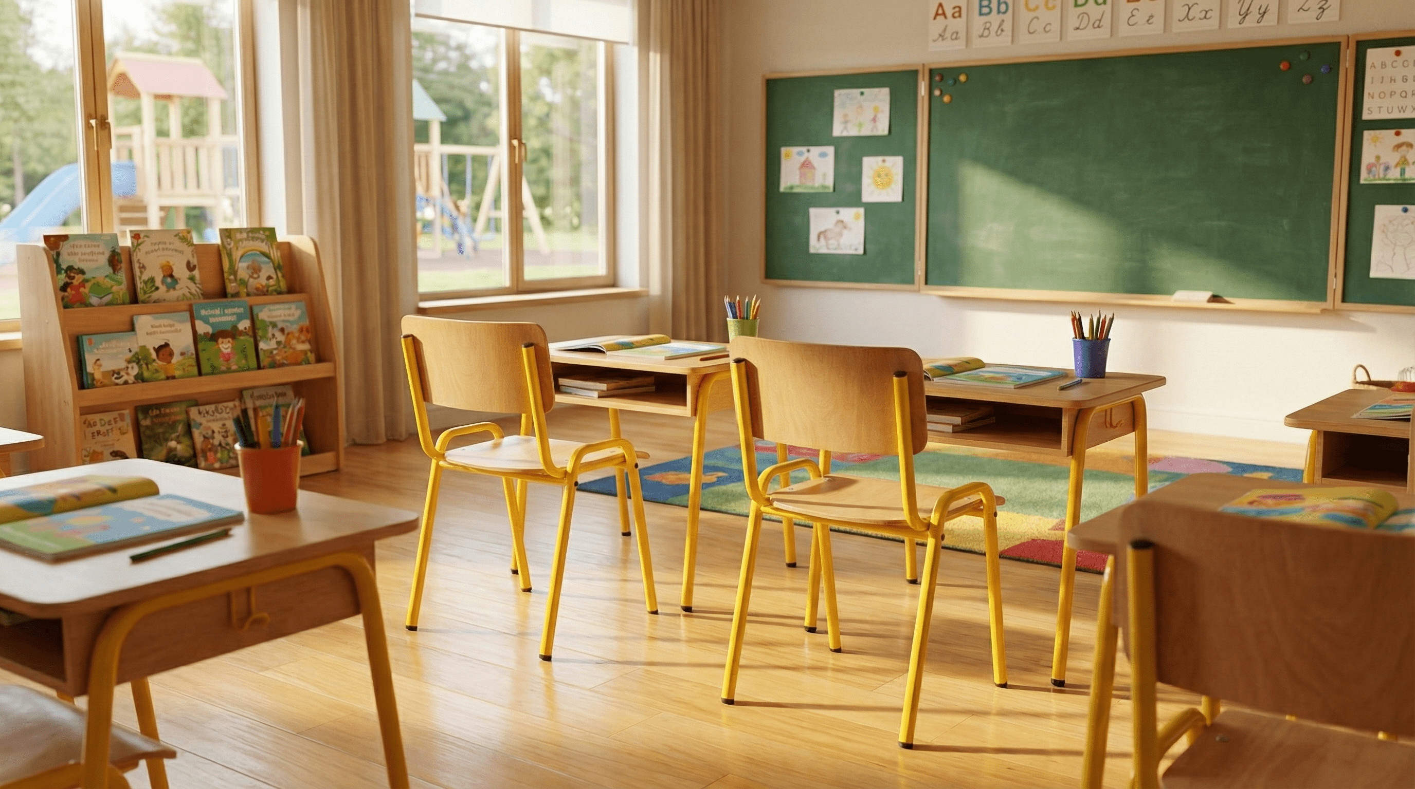 Sală de clasă cu scaune galbene