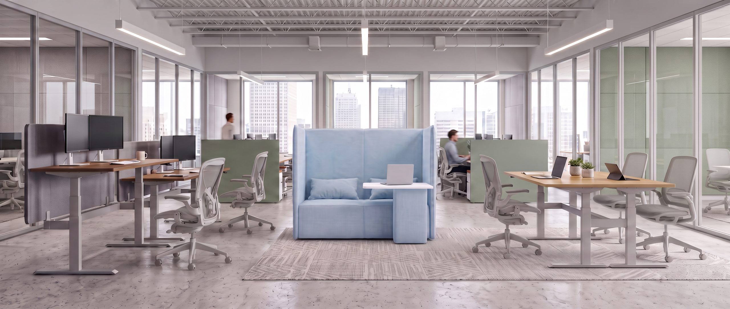 Canapea modulară acustică Luna Lounge 2 locuri cu măsuță în spațiu office open space din România