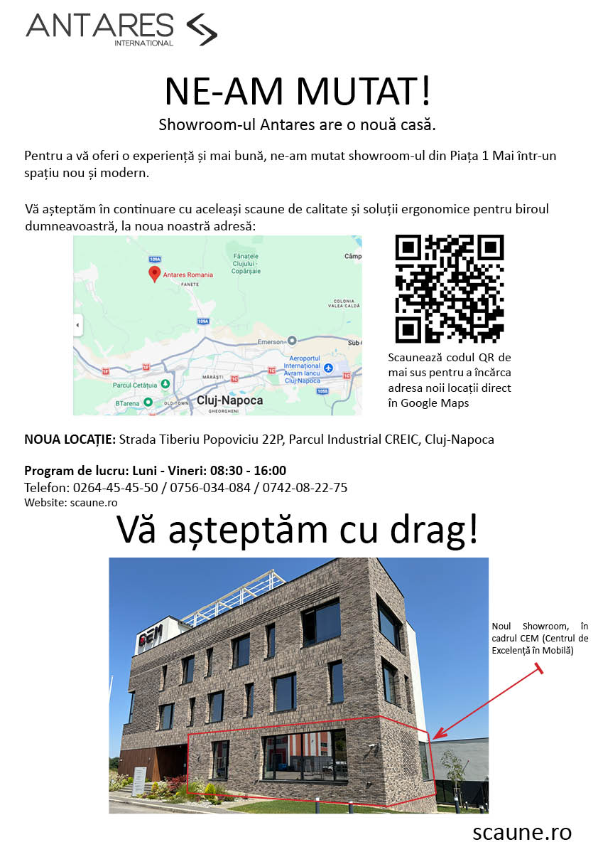 Afiș Adresă Nouă Showroom Antares Cluj